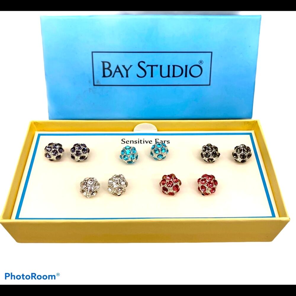 Bay Studio Earrings Sensitive Ears Gift box Set pave rhinestone ball studs 6pc